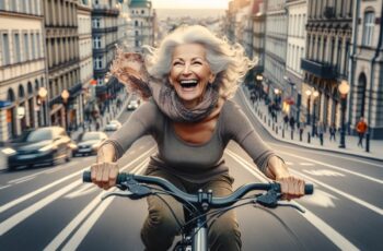 Older woman cycling on bike down street