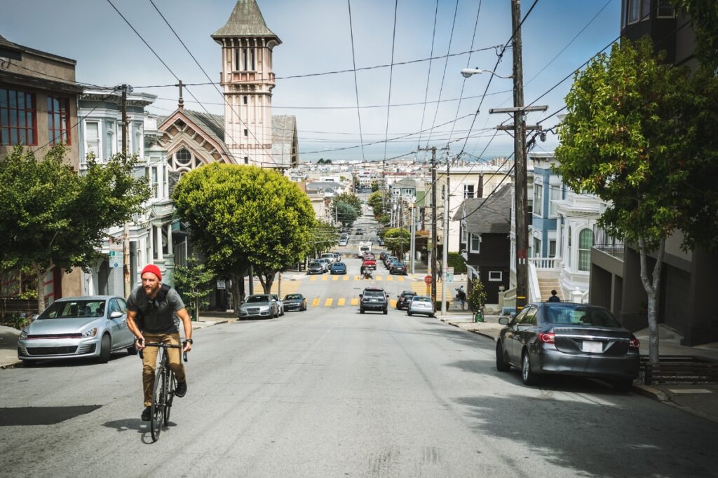 Man on bicycle cycling in San Fransisco